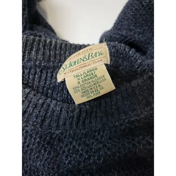 VTG St Johns Bay Sweater Mens XL Tall Cotton Blue Navy Chunky Knit Oversized - Picture 2 of 3